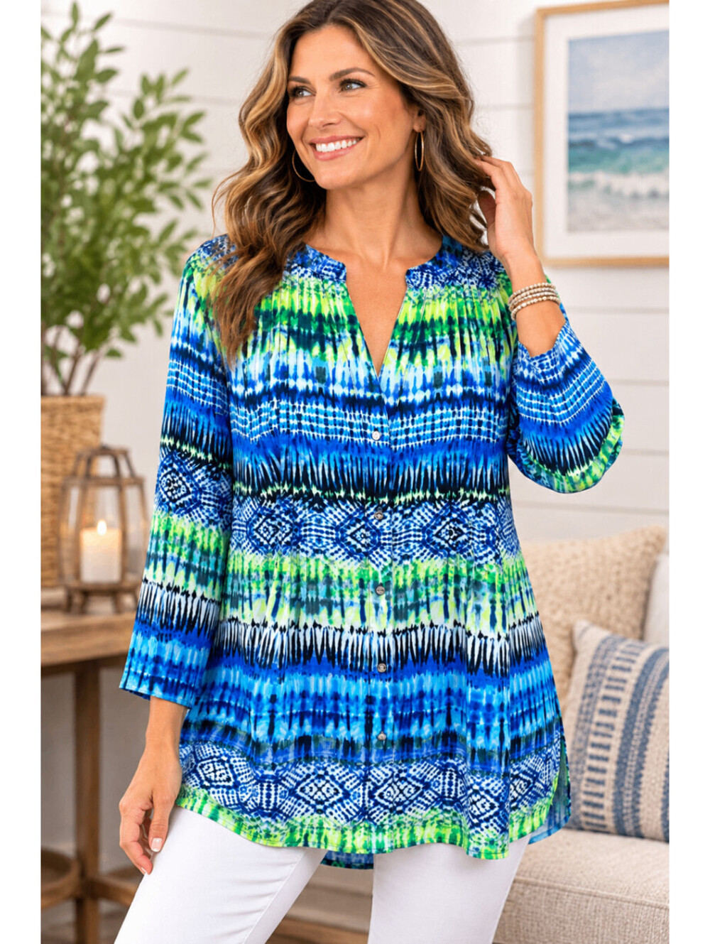CHAUS New York Womens Tie-Dye Tunic Top Pleated V-Neck Blouse Blue Green M
